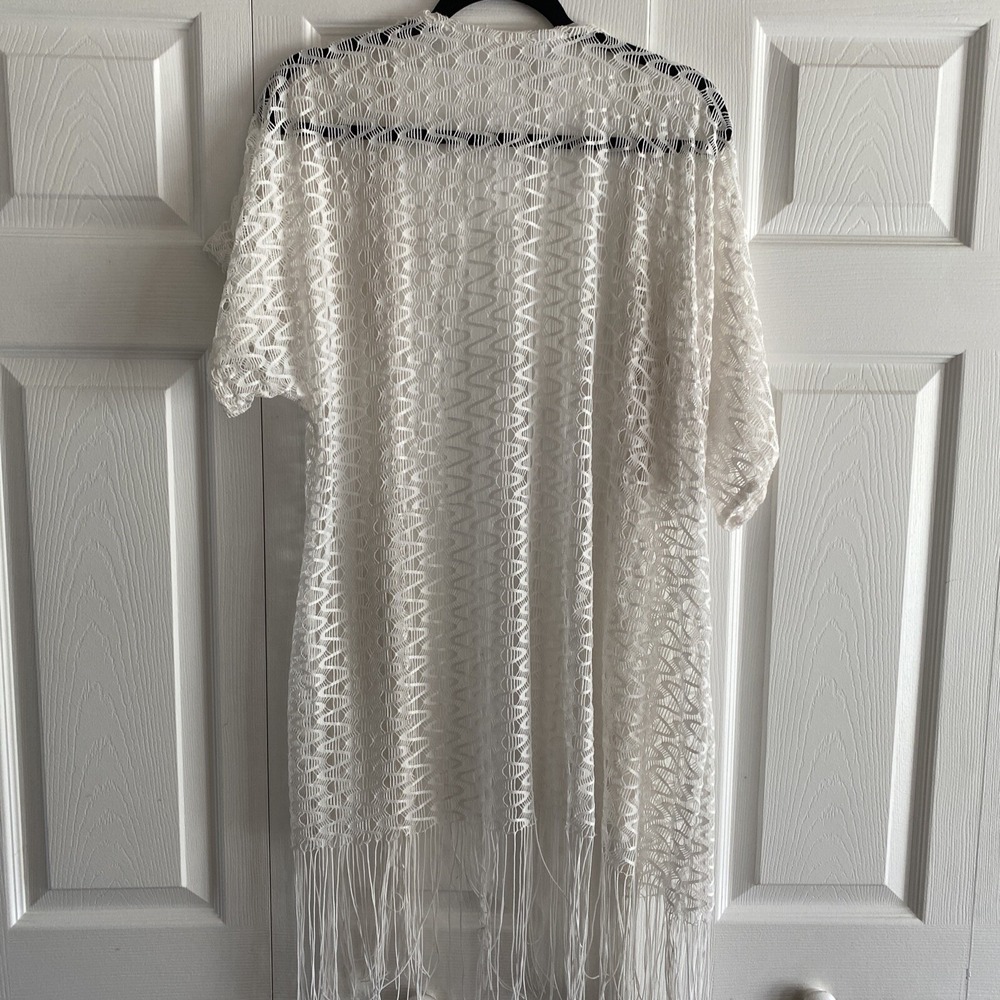 Alexa & Stella Open Front Fringe Kimono Cardigan Womens Size S White Lace Boho - Picture 6 of 6